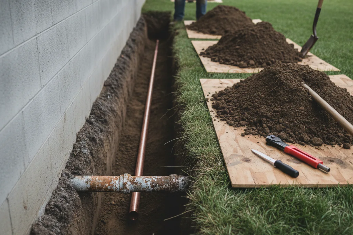 Excavated water line trench during Water Softener Installation in Wooster